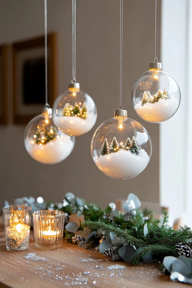 floating clear baubles filled with fake snow and fairy lights 1