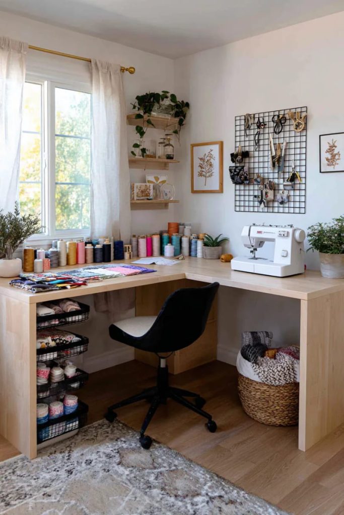 floating corner desk with modern grid wire wall art 30