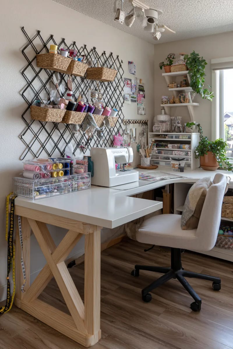 floating corner desk with modern grid wire wall art 1