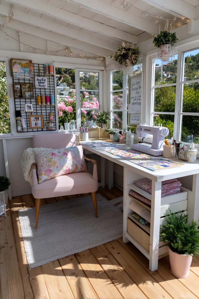 floating corner desk with modern grid wire wall art 1