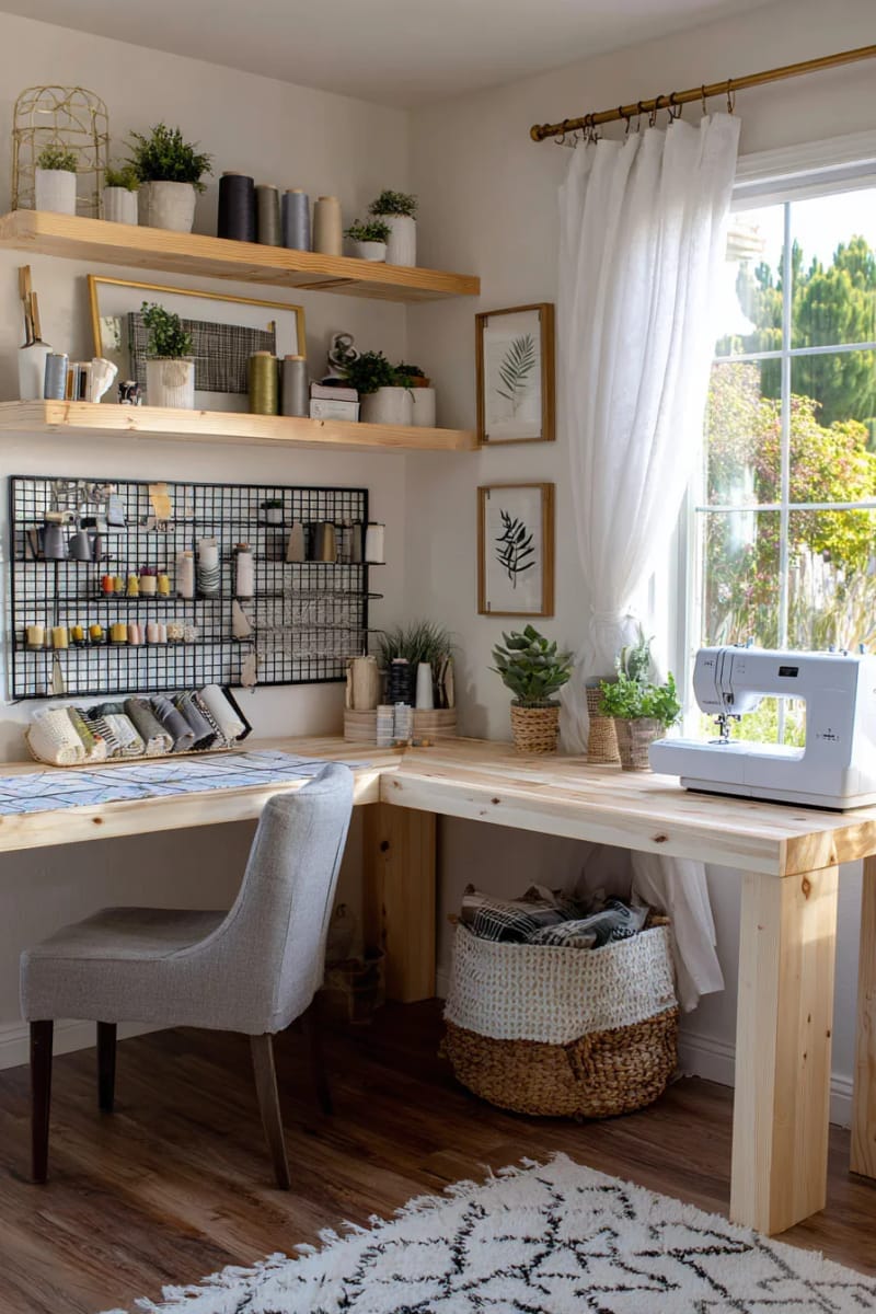 floating corner desk with modern grid wire wall art 1