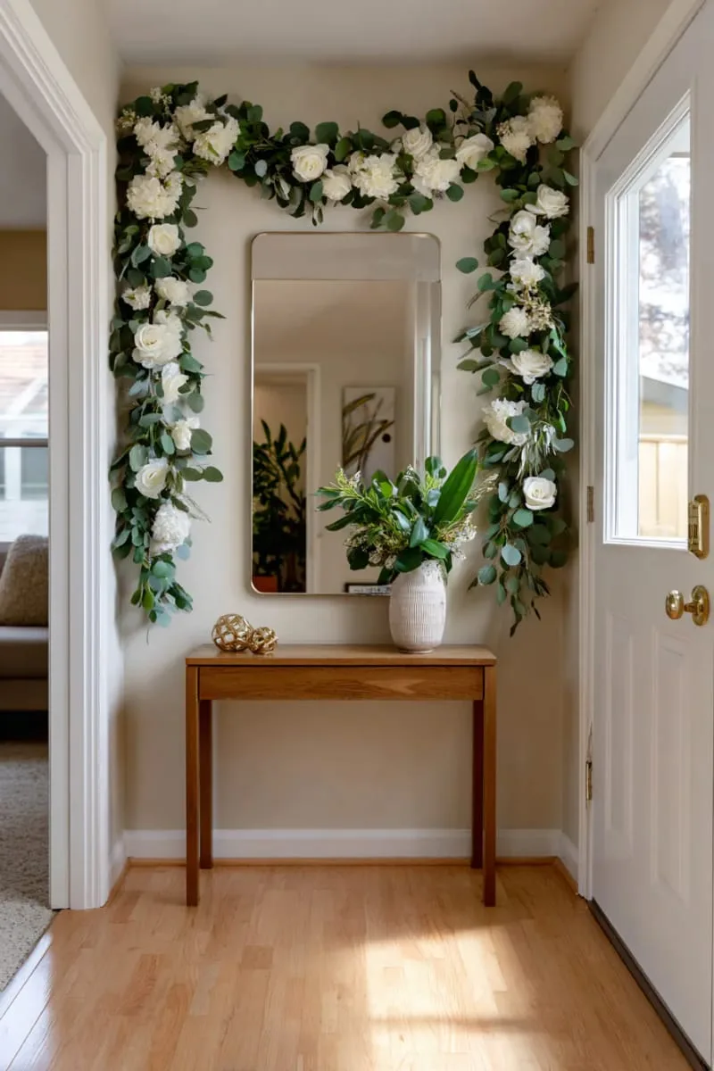 floating garland arch above a mirror for an elegant entryway moment 1
