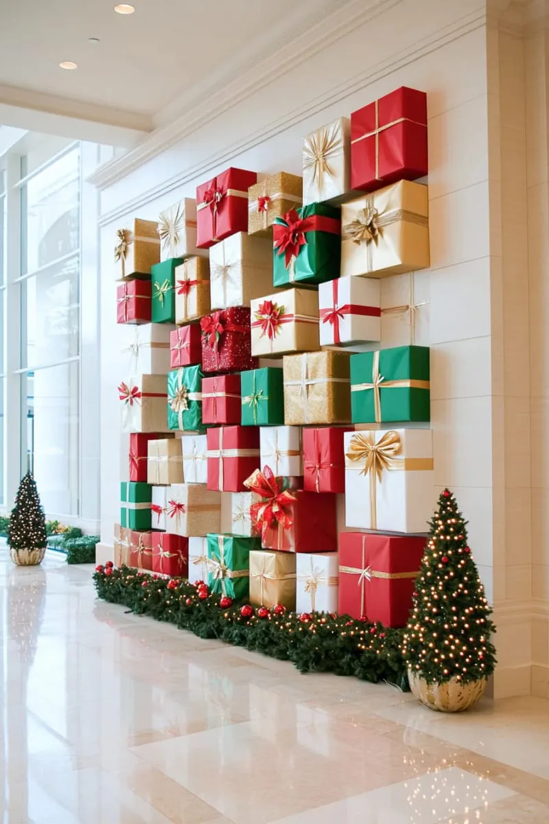 29 Best Christmas Decorations Trends You Can't Miss This Year 127 floating gift box “wall” installation for a show-stopping entry 1