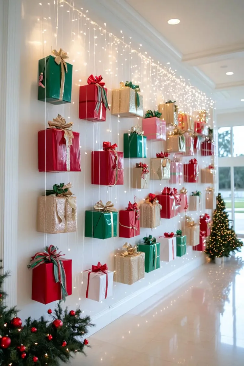 29 Best Christmas Decorations Trends You Can't Miss This Year 128 floating gift box “wall” installation for a show-stopping entry 1