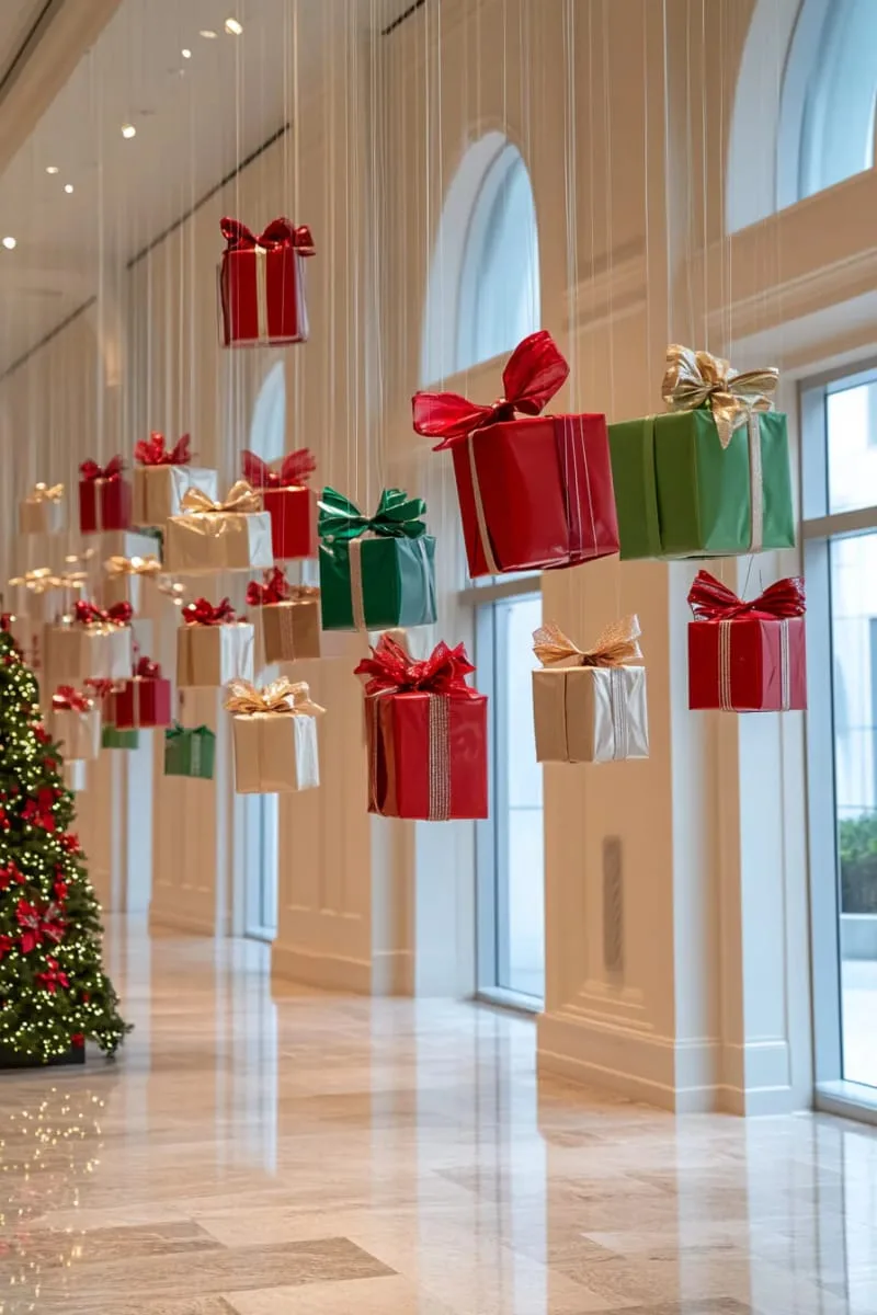 29 Best Christmas Decorations Trends You Can't Miss This Year 133 floating gift box “wall” installation for a show-stopping entry 1