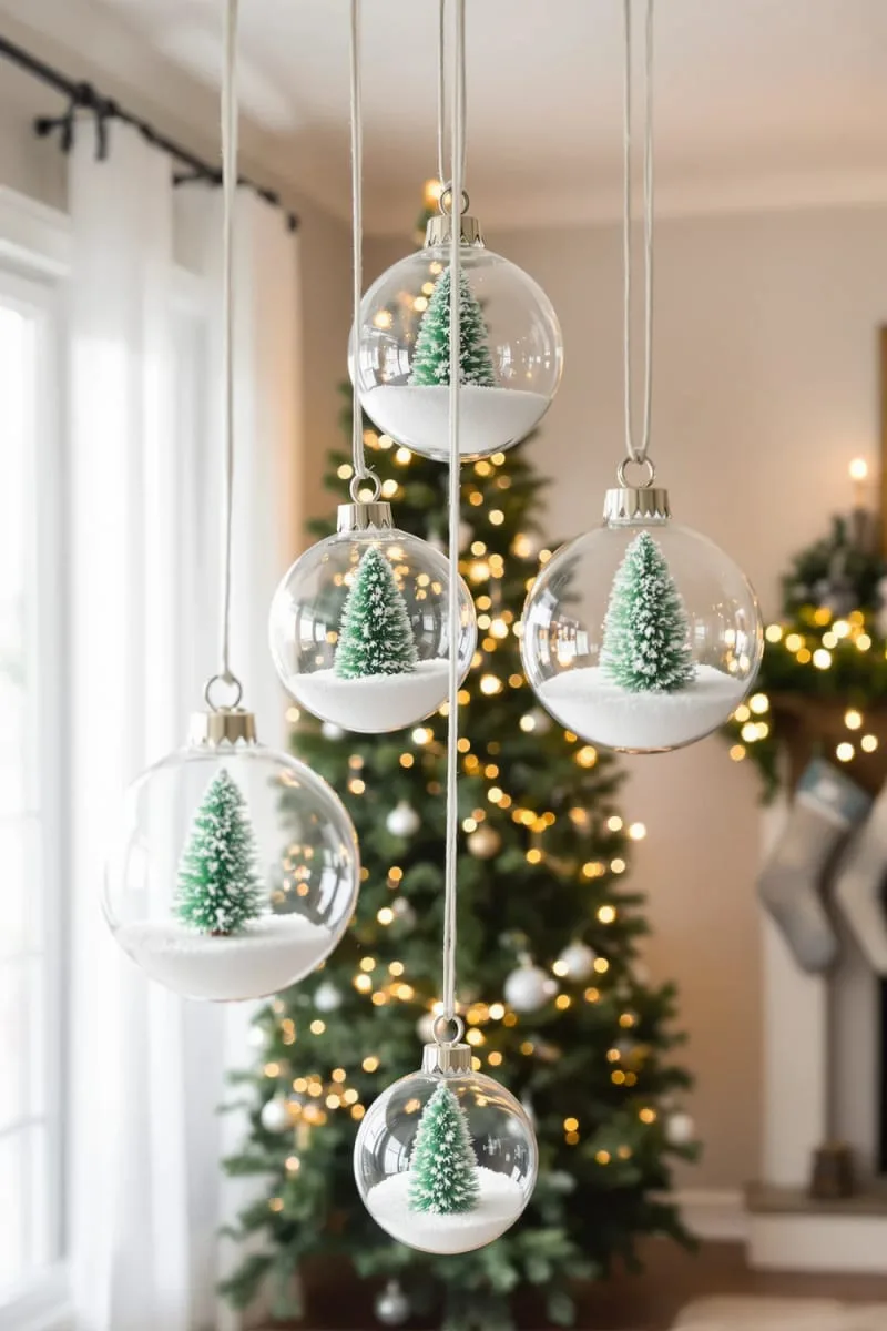 floating glass ornaments filled with faux snow and tiny bottle brush trees 1