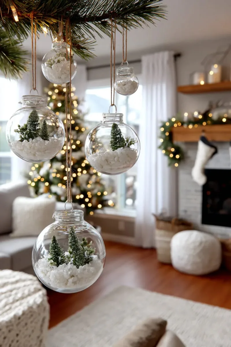 floating glass ornaments filled with faux snow and tiny bottle brush trees 1