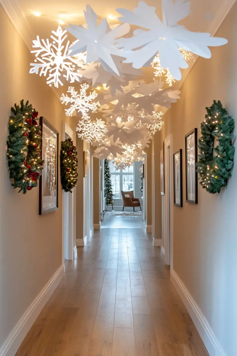 floating paper snowflake cloud for a magical winter hallway effect 1