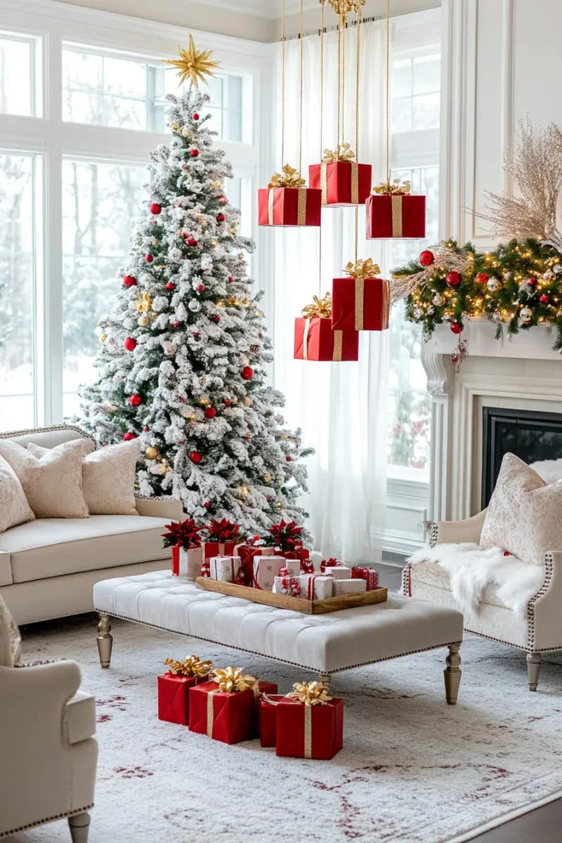 floating red gift boxes suspended in front of twinkle lights 1