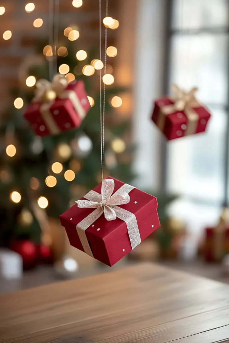 floating red gift boxes suspended in front of twinkle lights 1