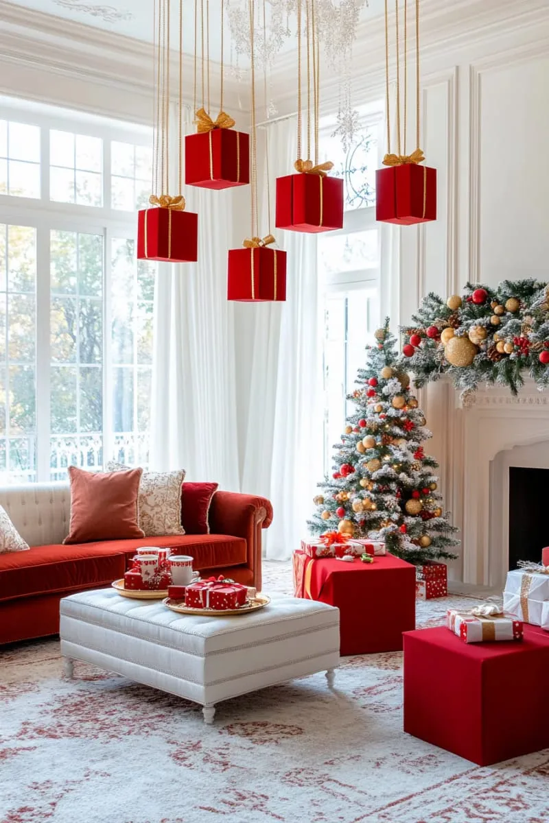 floating red gift boxes suspended in front of twinkle lights 1