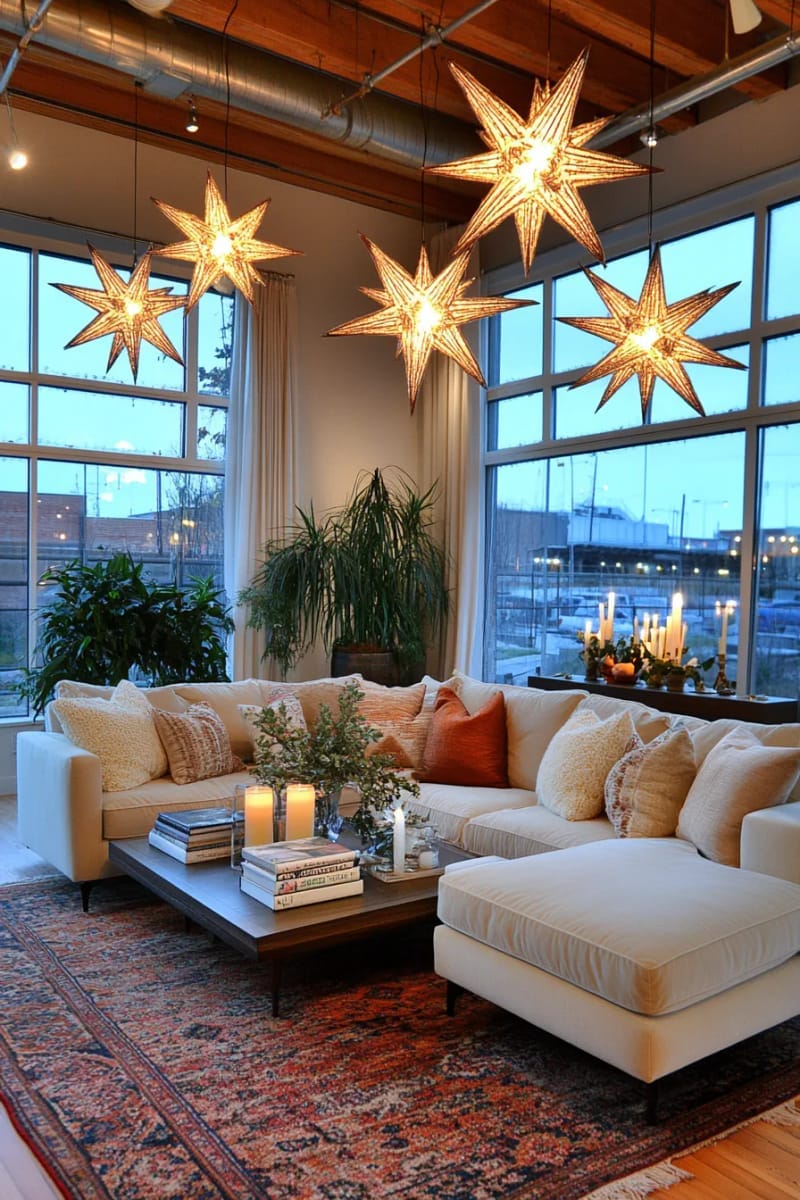 floating star lights suspended above living room seating for dreamy ambiance 1