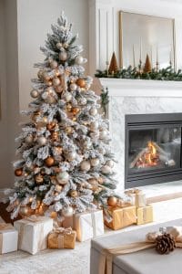 flocked christmas tree draped in gold and champagne ornaments for a luxe vibe 8