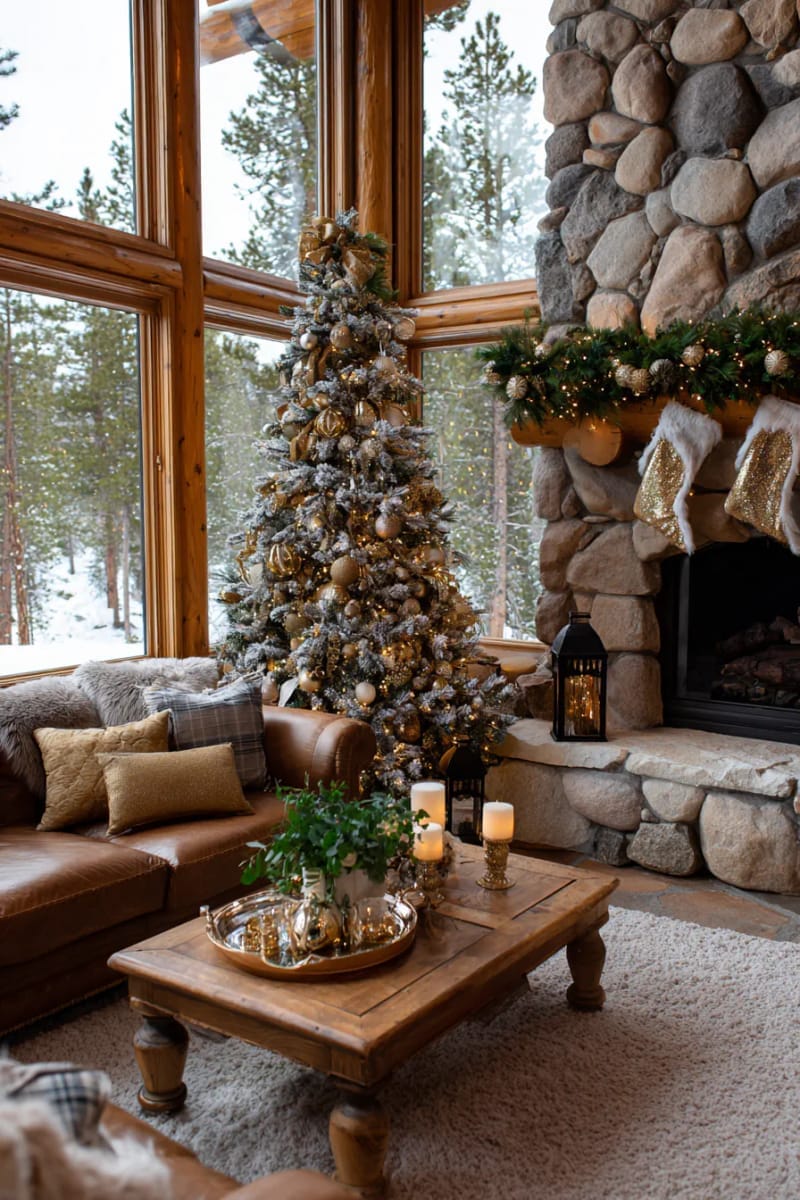flocked christmas tree draped in gold and champagne ornaments for a luxe vibe 1