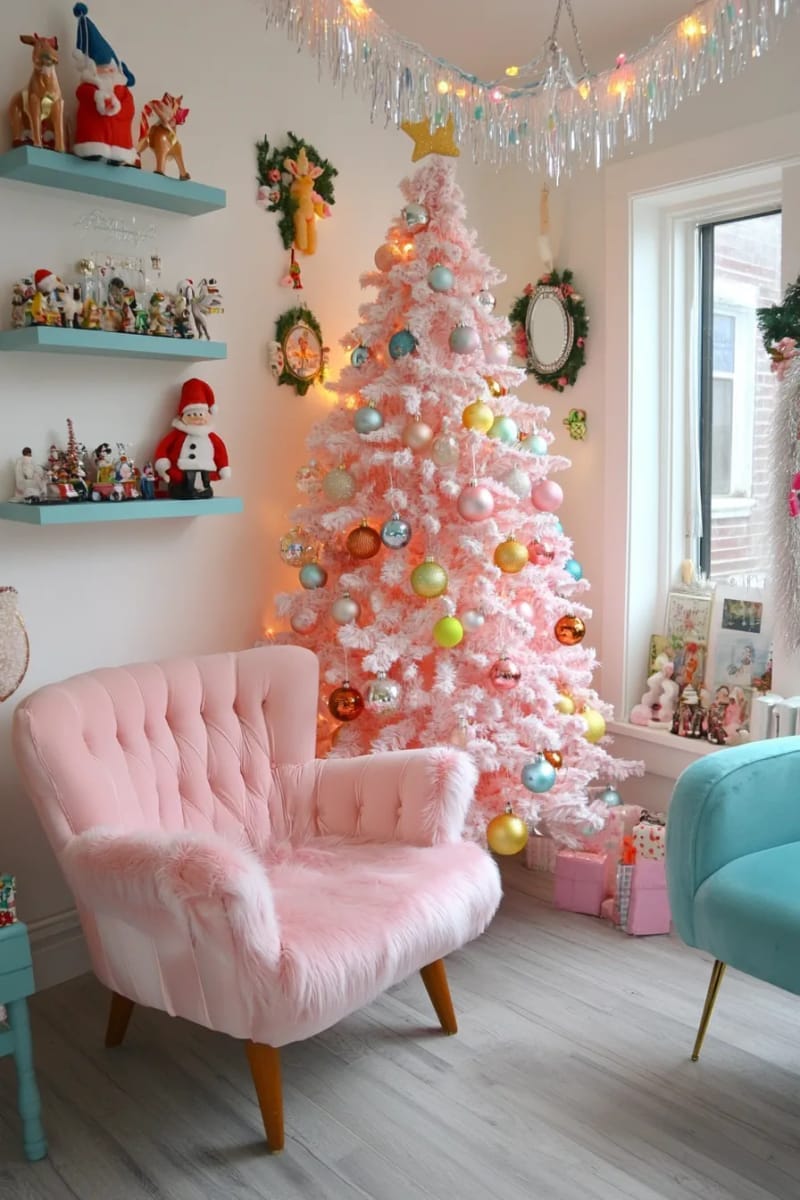23 Kitsch Christmas Decor Ideas Full of Color, Whimsy, and Cheer 4 flocked pastel pink christmas tree overflowing with vintage glass ornaments 1