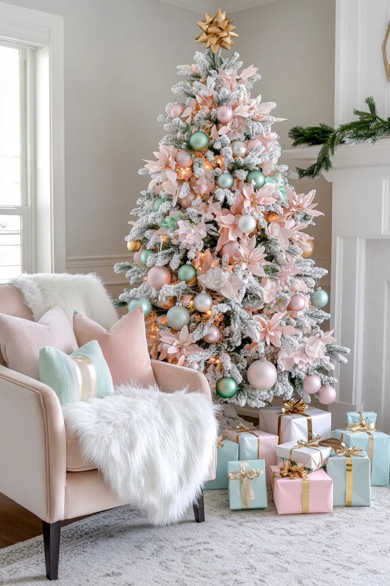 23 Kitsch Christmas Decor Ideas Full of Color, Whimsy, and Cheer 5 flocked pastel pink christmas tree overflowing with vintage glass ornaments 1