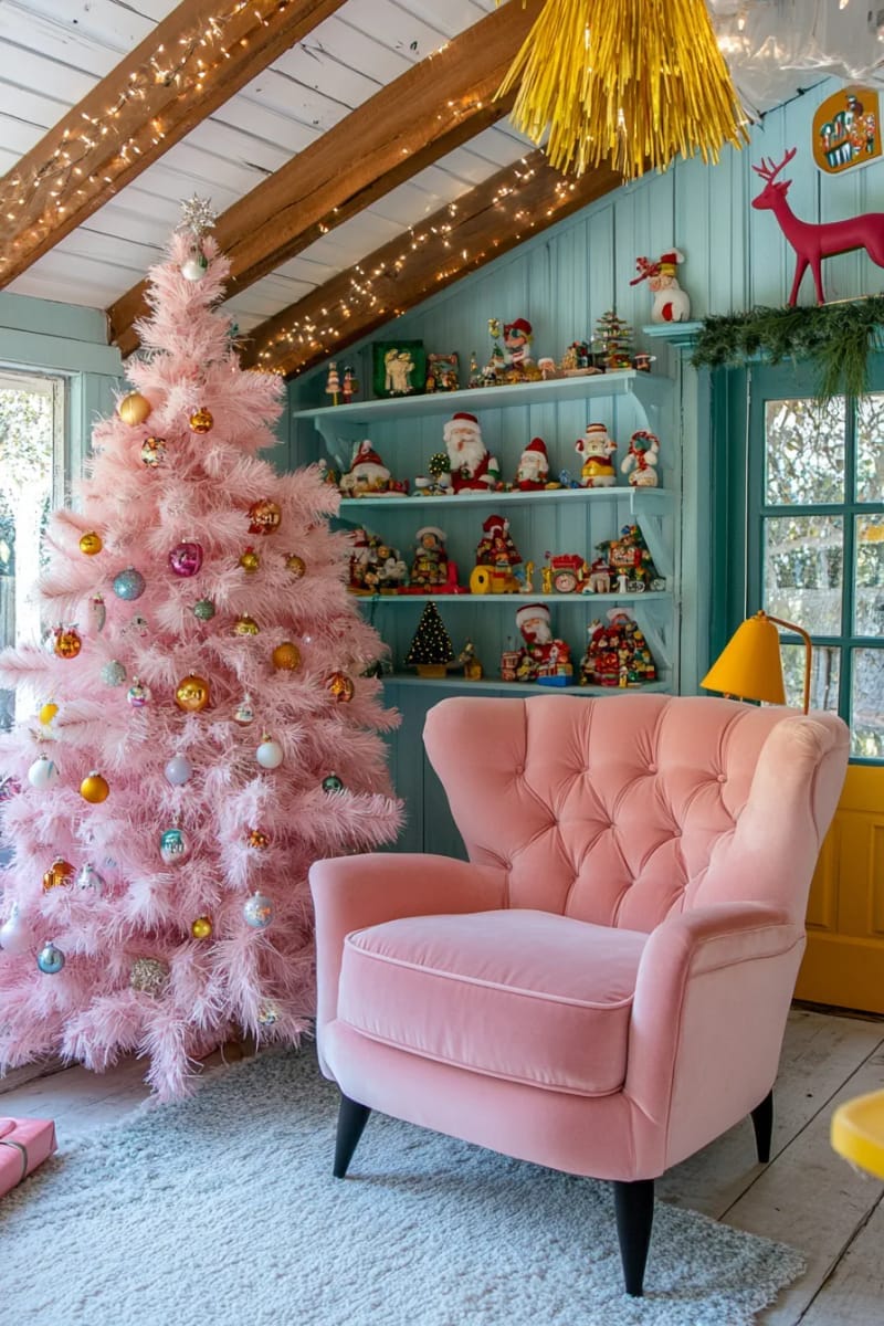 23 Kitsch Christmas Decor Ideas Full of Color, Whimsy, and Cheer 6 flocked pastel pink christmas tree overflowing with vintage glass ornaments 1