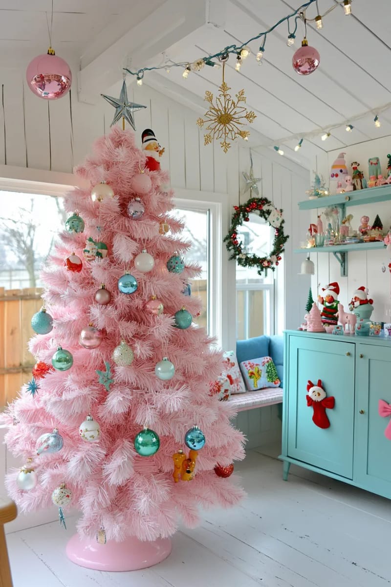 23 Kitsch Christmas Decor Ideas Full of Color, Whimsy, and Cheer 7 flocked pastel pink christmas tree overflowing with vintage glass ornaments 1