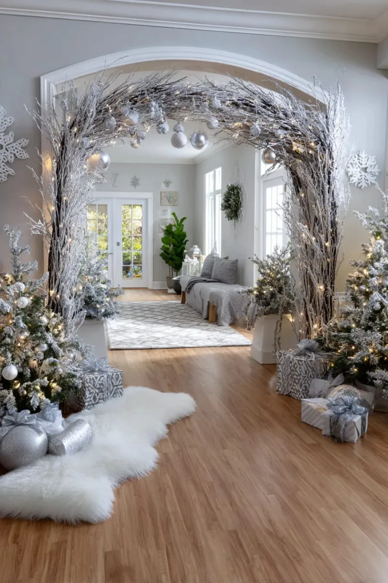 floor-to-ceiling winter wonderland archway made of shimmering ice branches 1 floor-to-ceiling winter wonderland archway made of shimmering ice branches 1