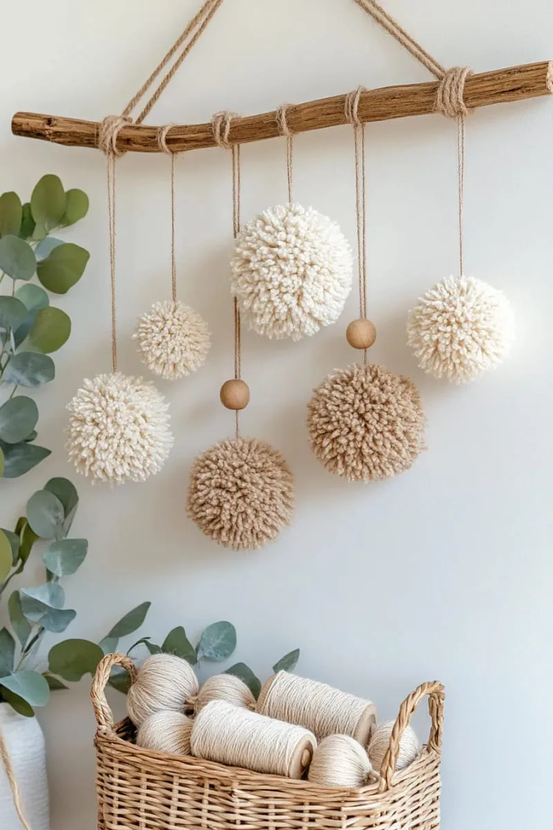 27 Stunning Christmas Decoration Crafts for a Unique 2025 66 fluffy pom-pom ornaments made from cream yarn and twine 1