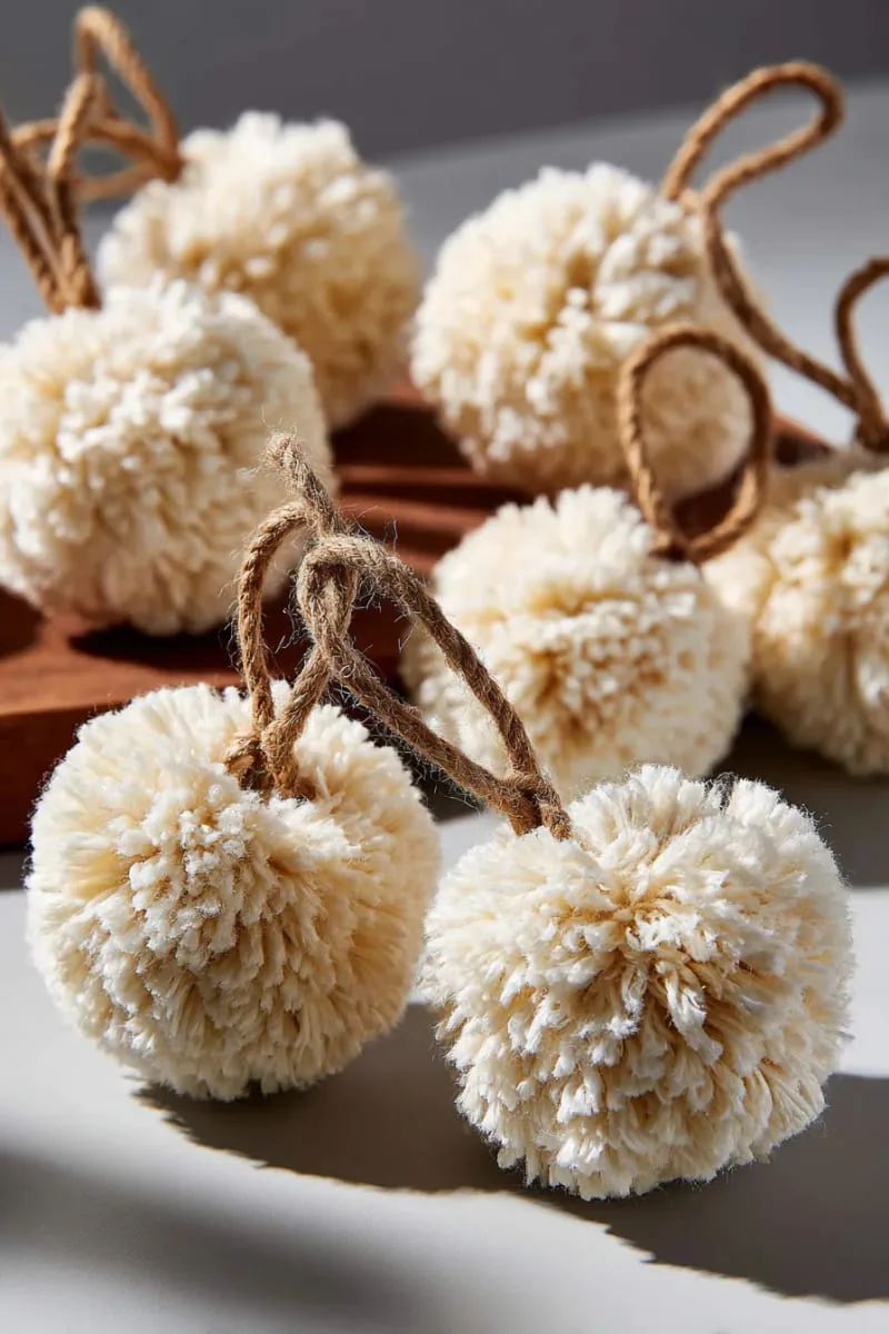27 Stunning Christmas Decoration Crafts for a Unique 2025 67 fluffy pom-pom ornaments made from cream yarn and twine 1