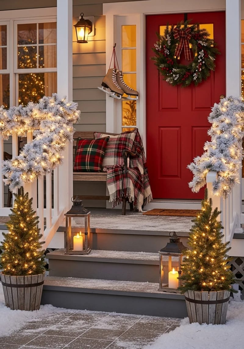 15 Dreamy Front Porch Christmas Trees to Try This Year 8 fluffy white garland-wrapped porch railing with twinkling fairy-lit trees 1