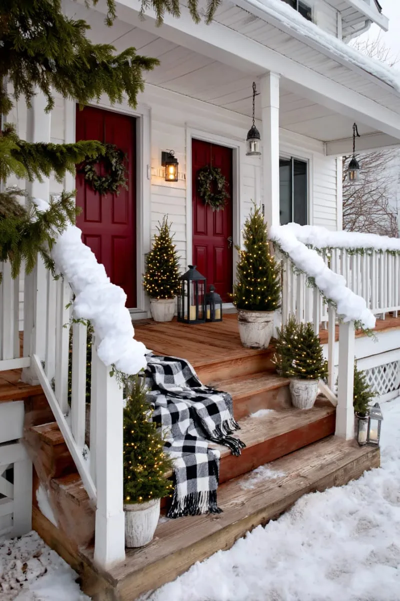 15 Dreamy Front Porch Christmas Trees to Try This Year 8 fluffy white garland-wrapped porch railing with twinkling fairy-lit trees 1