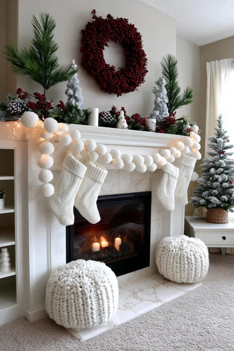 25 New Gorgeous White Christmas Decor Ideas That Wow 2 fluffy white pom-pom garlands draped across a snowy mantle with fairy lights 1