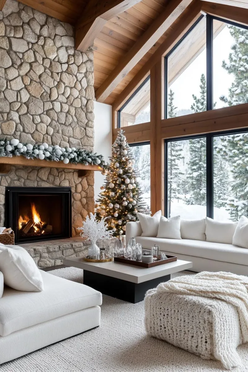 25 New Gorgeous White Christmas Decor Ideas That Wow 3 fluffy white pom-pom garlands draped across a snowy mantle with fairy lights 1