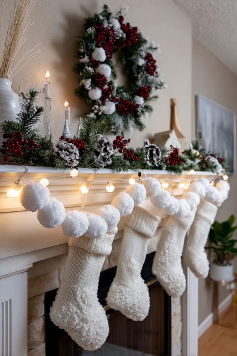 25 New Gorgeous White Christmas Decor Ideas That Wow 5 fluffy white pom-pom garlands draped across a snowy mantle with fairy lights 1