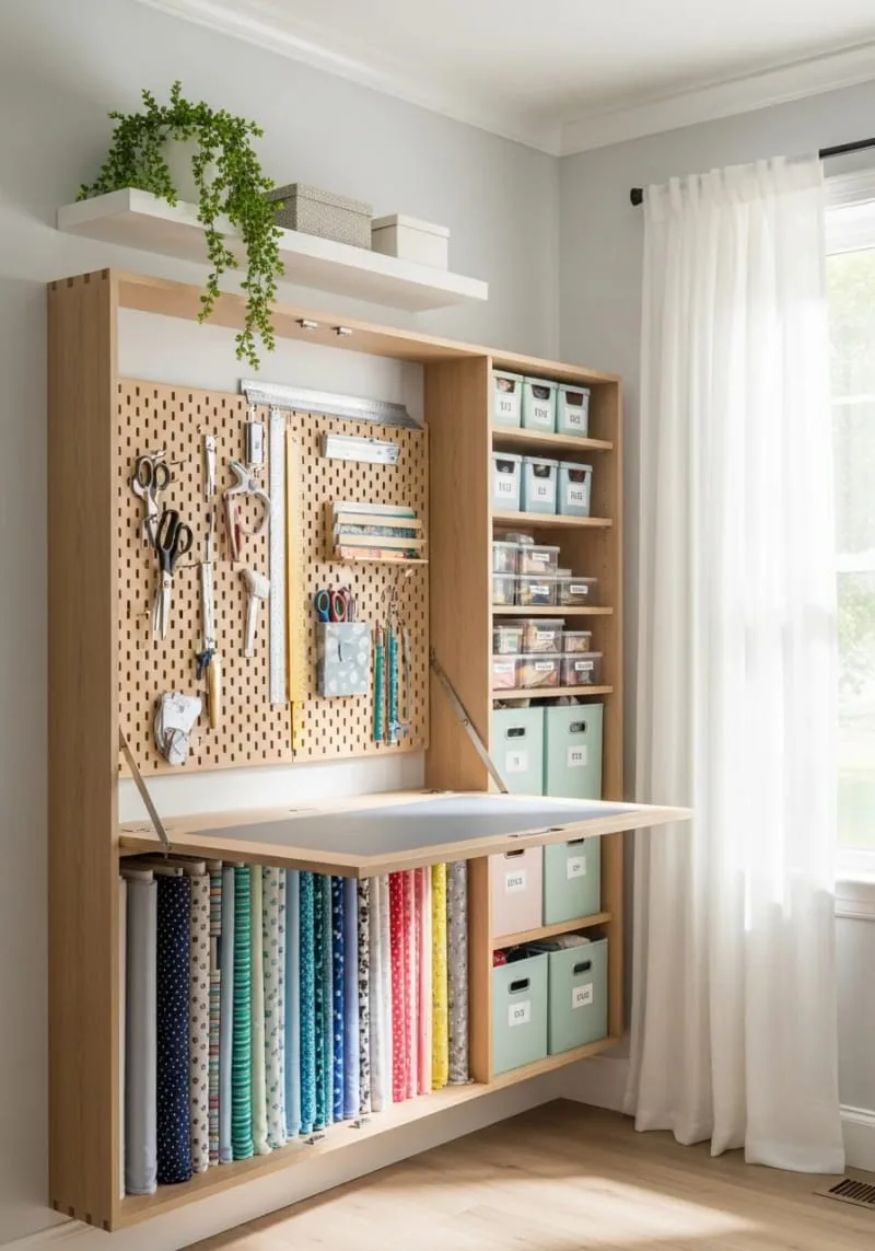 15 Sewing Room Organization Ideas to Declutter and Inspire Creativity 16 fold-down wall-mounted cutting station with hidden linen closet behind 1
