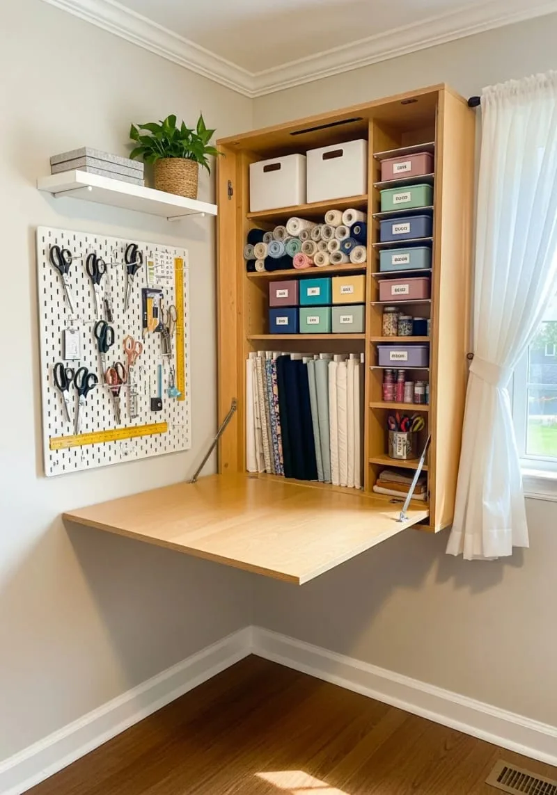 15 Sewing Room Organization Ideas to Declutter and Inspire Creativity 17 fold-down wall-mounted cutting station with hidden linen closet behind 1