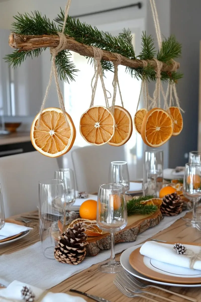 foraged branch centerpiece with hanging dried citrus 1