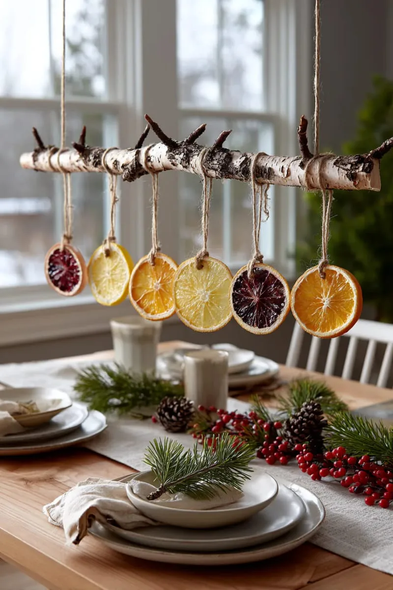 foraged branch centerpiece with hanging dried citrus 1