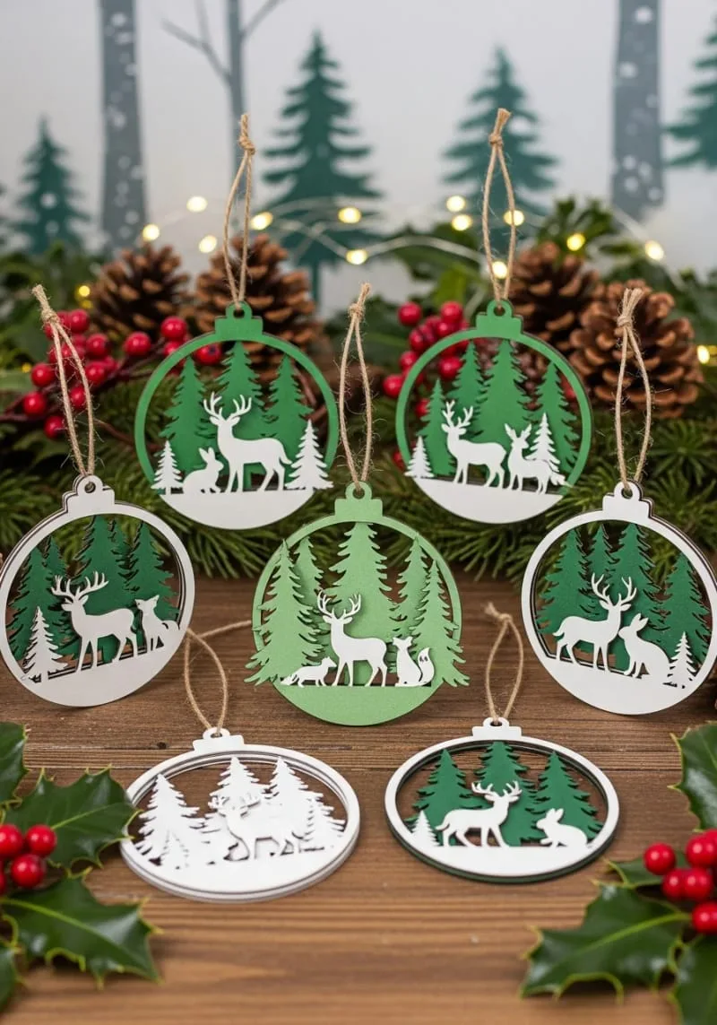 forest animal ornament set with layered pine trees and deer 1