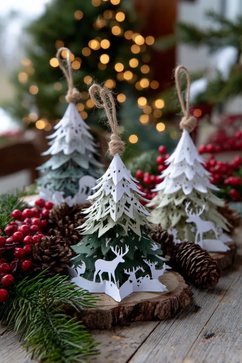 forest animal ornament set with layered pine trees and deer 1