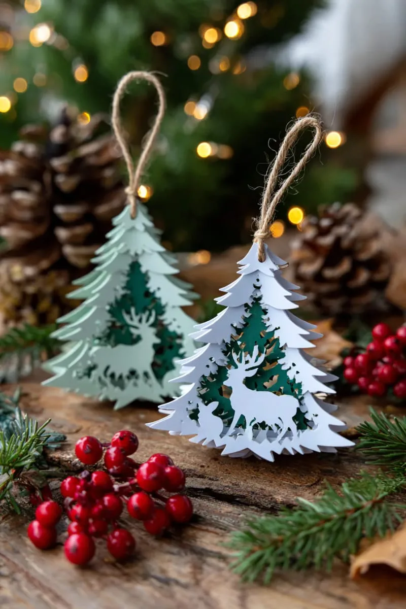 forest animal ornament set with layered pine trees and deer 1