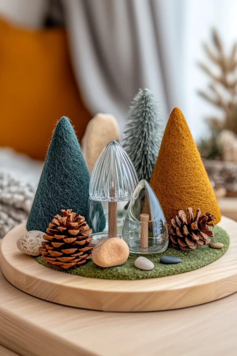 forest of tabletop trees made from wood, felt, and glass in varying heights 1
