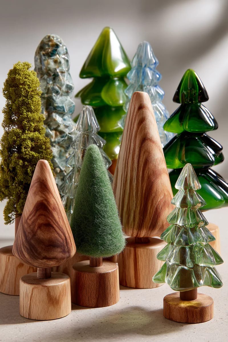 forest of tabletop trees made from wood, felt, and glass in varying heights 1