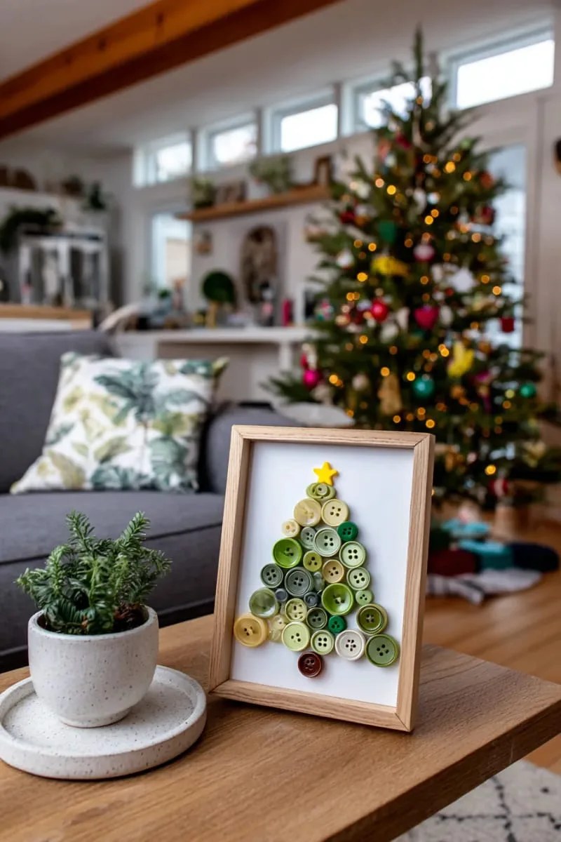 framed mini christmas tree made from layered green buttons 1