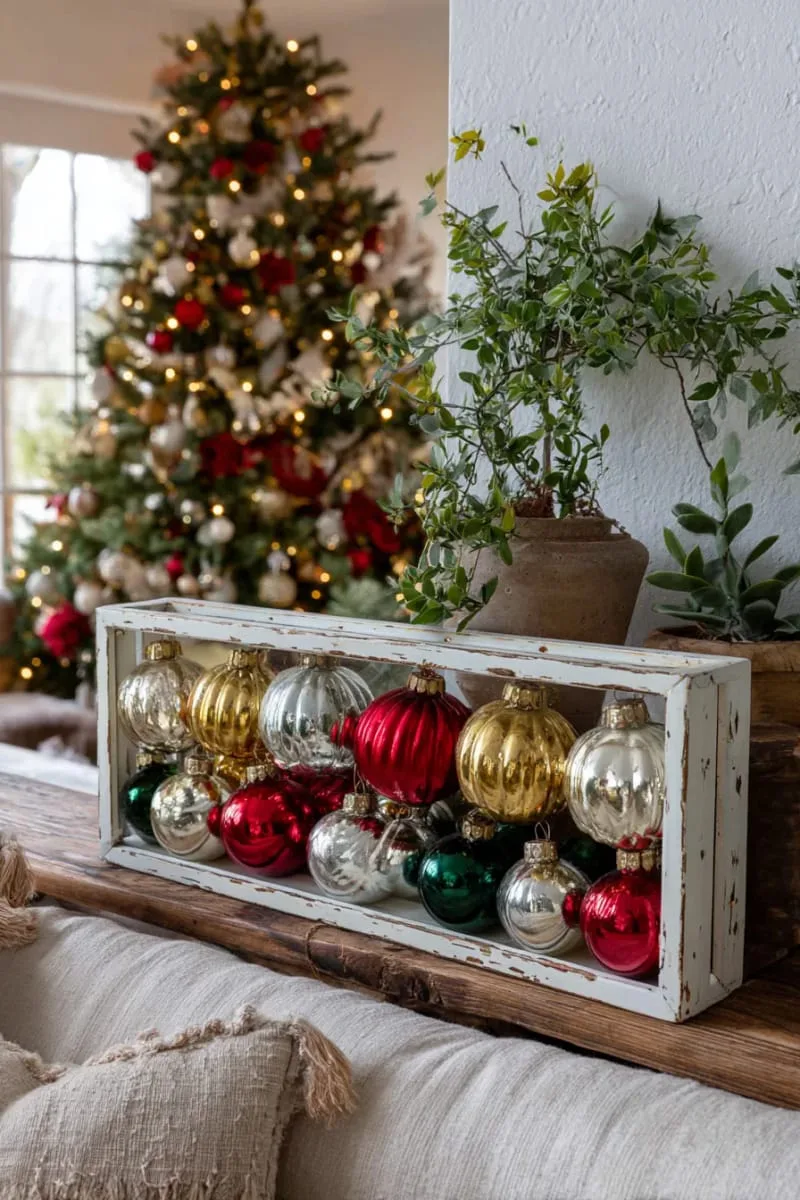 framed ornament shadow box featuring vintage balls and velvet ribbon 1