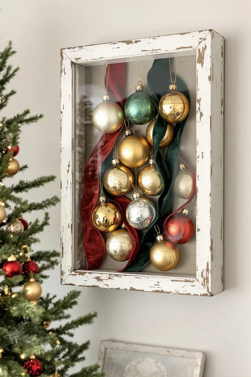 framed ornament shadow box featuring vintage balls and velvet ribbon 1