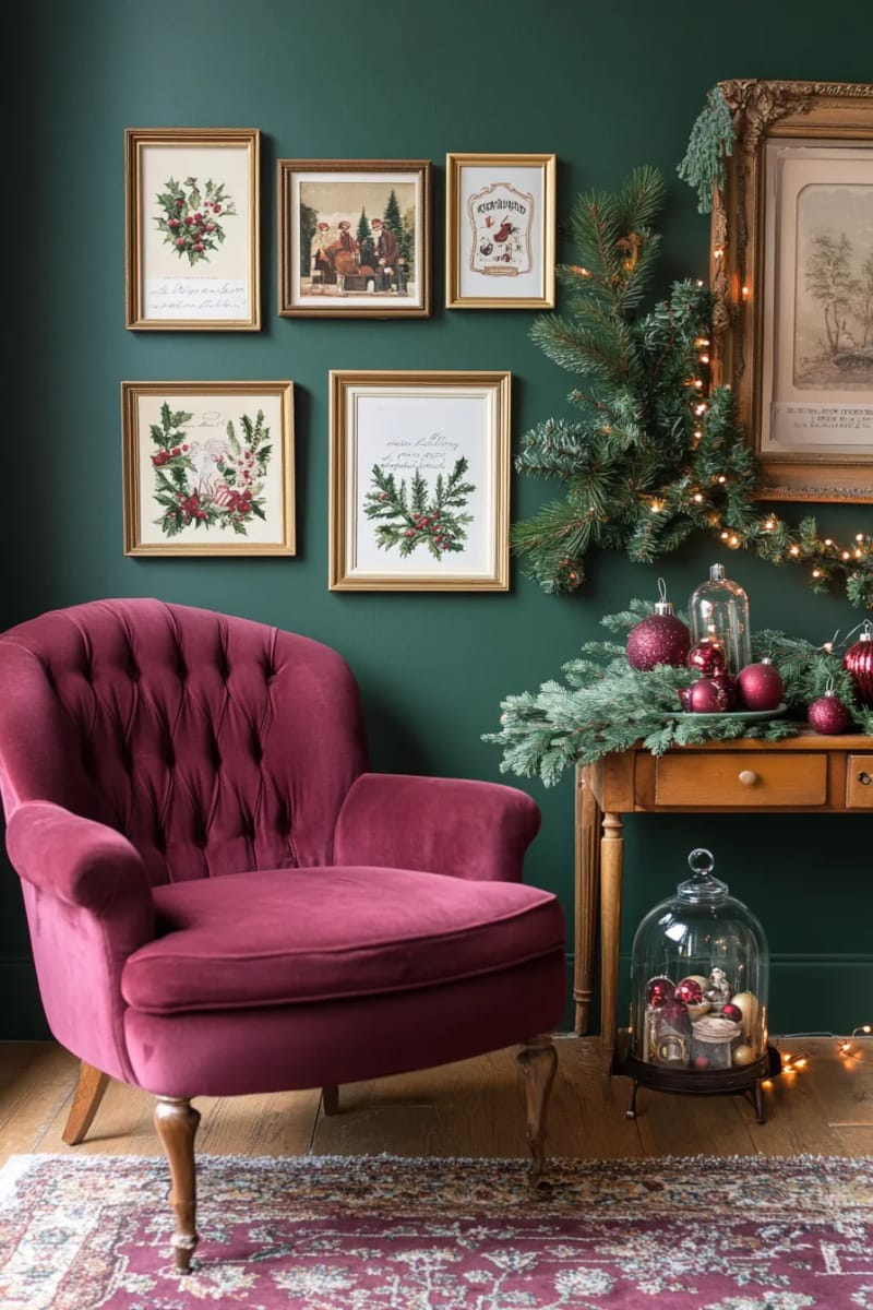 framed vintage holiday cards displayed on accent walls 1