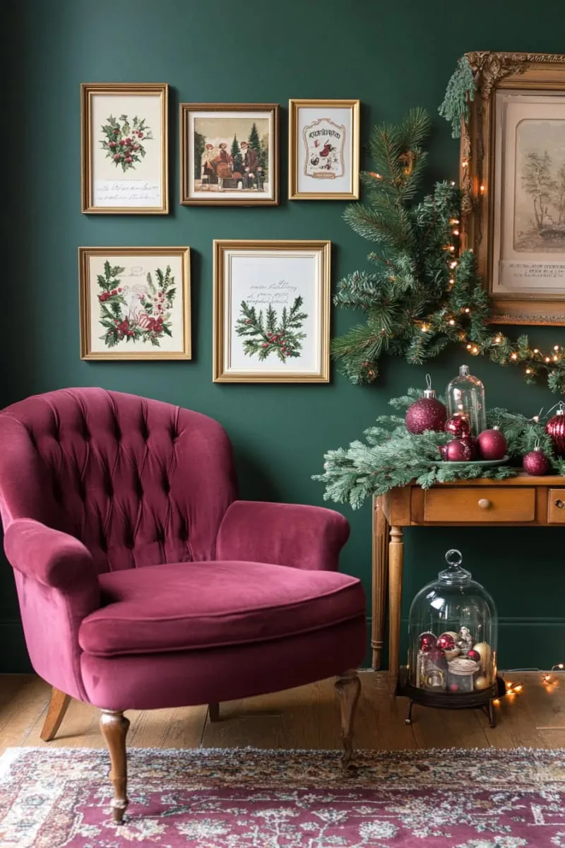25 Traditional Christmas Decor Ideas with a Nostalgic Vintage Touch 55 framed vintage holiday cards displayed on accent walls 1