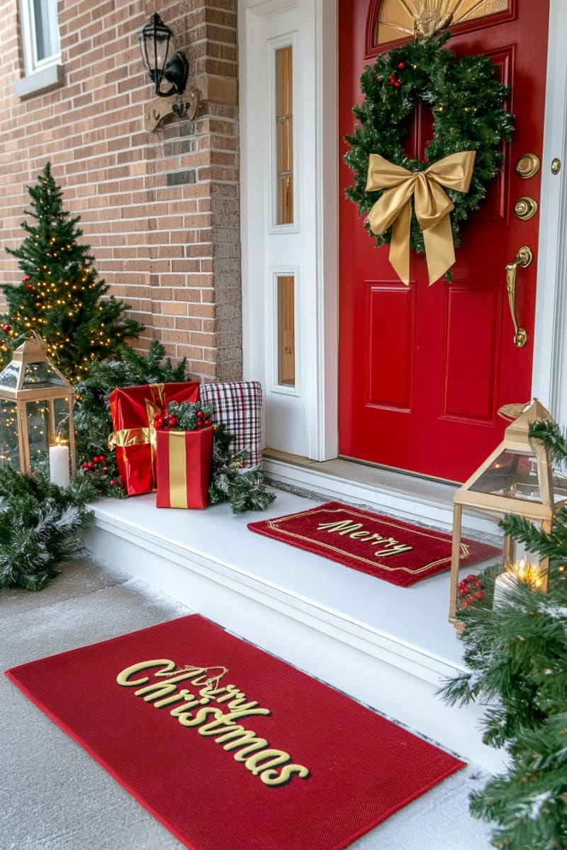 27 Beautiful Christmas Front Door Decor Ideas to Inspire 36 front door wrapped like a giant present with ribbon and tag 1