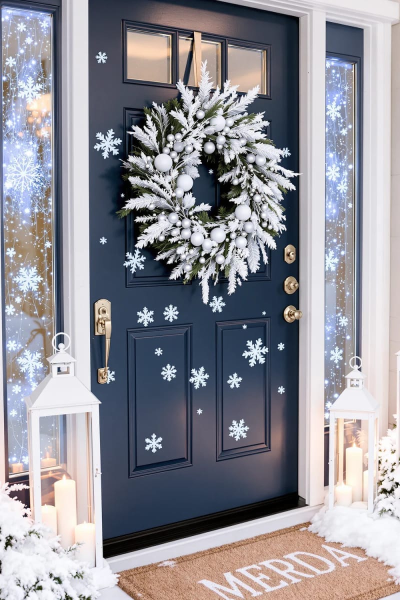 29 Festive Christmas Door Decor Ideas for a Magical Entry 10 frosted blue winter wonderland with snowflake decals and icy wreath 1