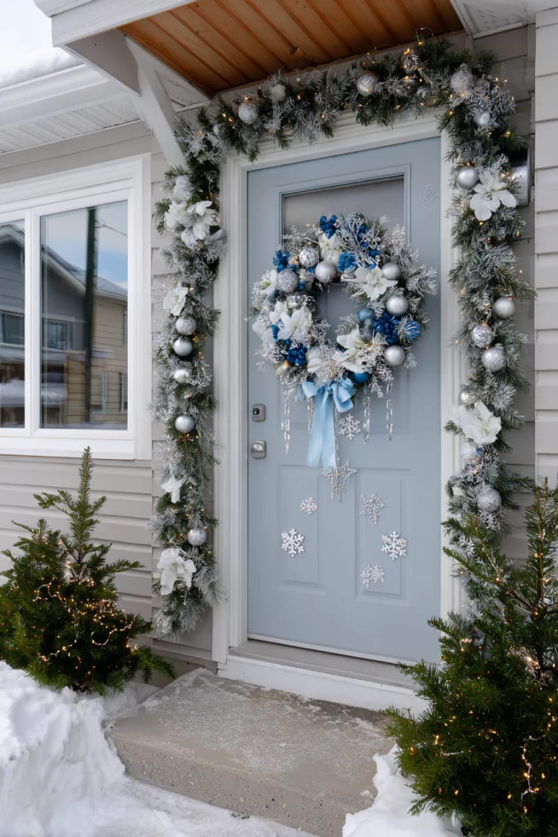 29 Festive Christmas Door Decor Ideas for a Magical Entry 11 frosted blue winter wonderland with snowflake decals and icy wreath 1