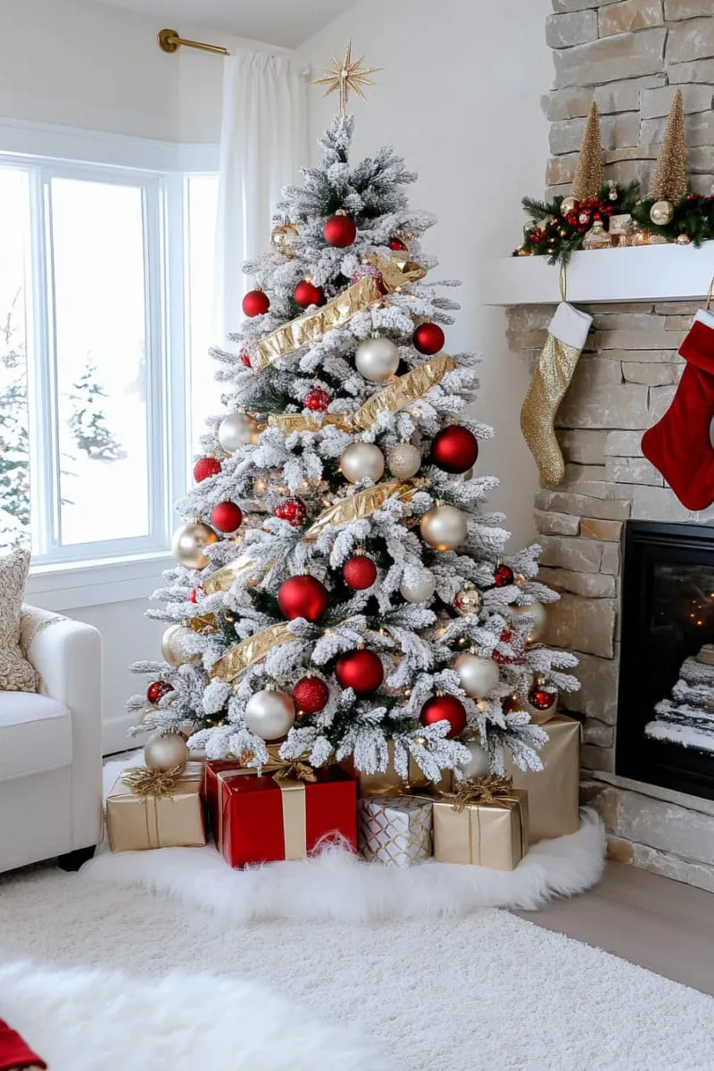 29 Best Christmas Decorations Trends You Can't Miss This Year 116 frosted flocked christmas tree with red, gold, and champagne baubles 1