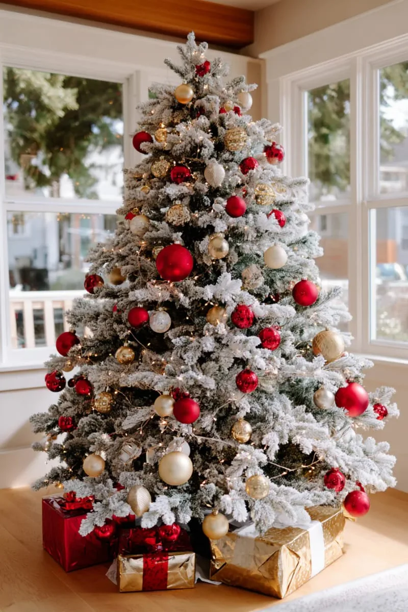 29 Best Christmas Decorations Trends You Can't Miss This Year 117 frosted flocked christmas tree with red, gold, and champagne baubles 1