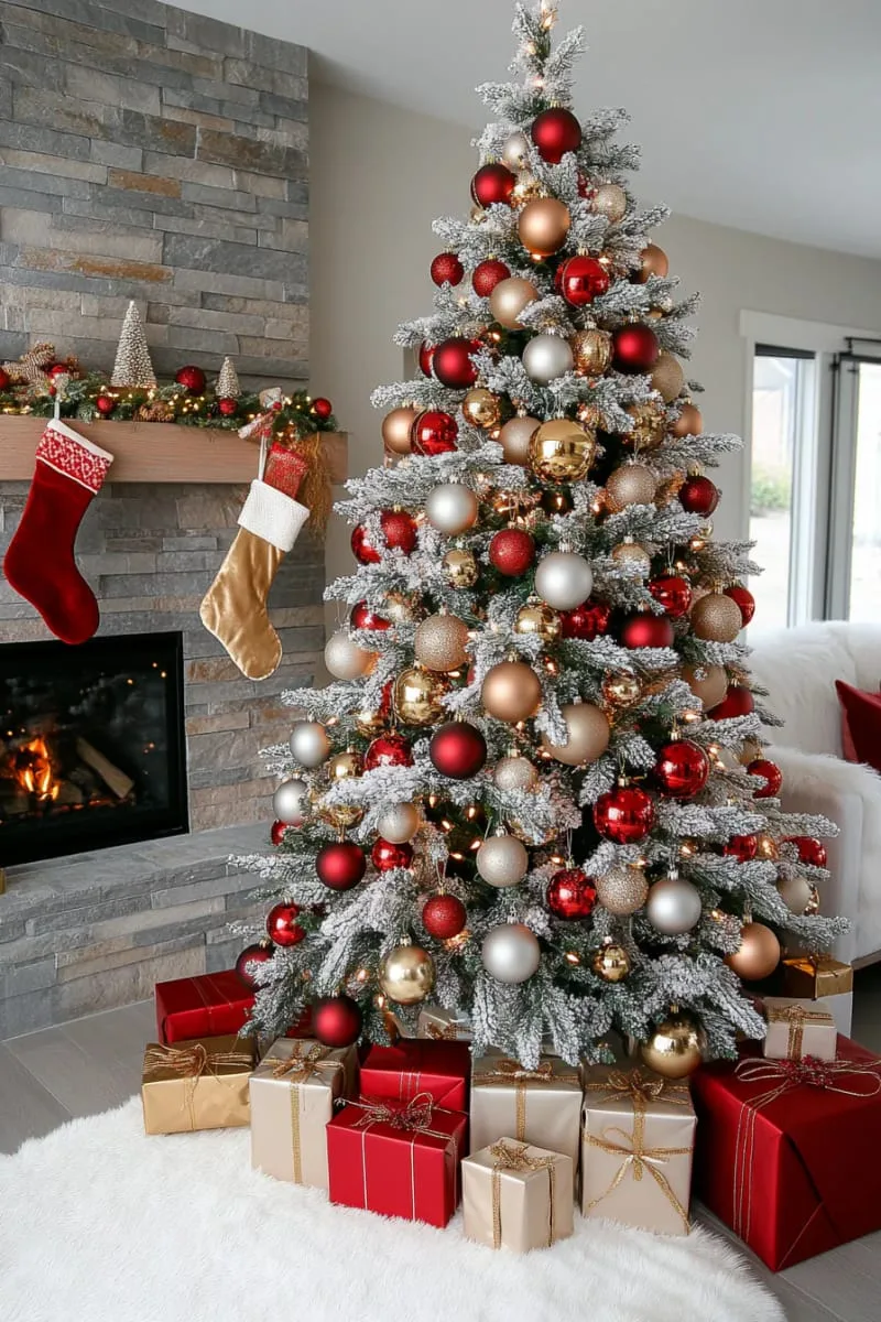 29 Best Christmas Decorations Trends You Can't Miss This Year 120 frosted flocked christmas tree with red, gold, and champagne baubles 1
